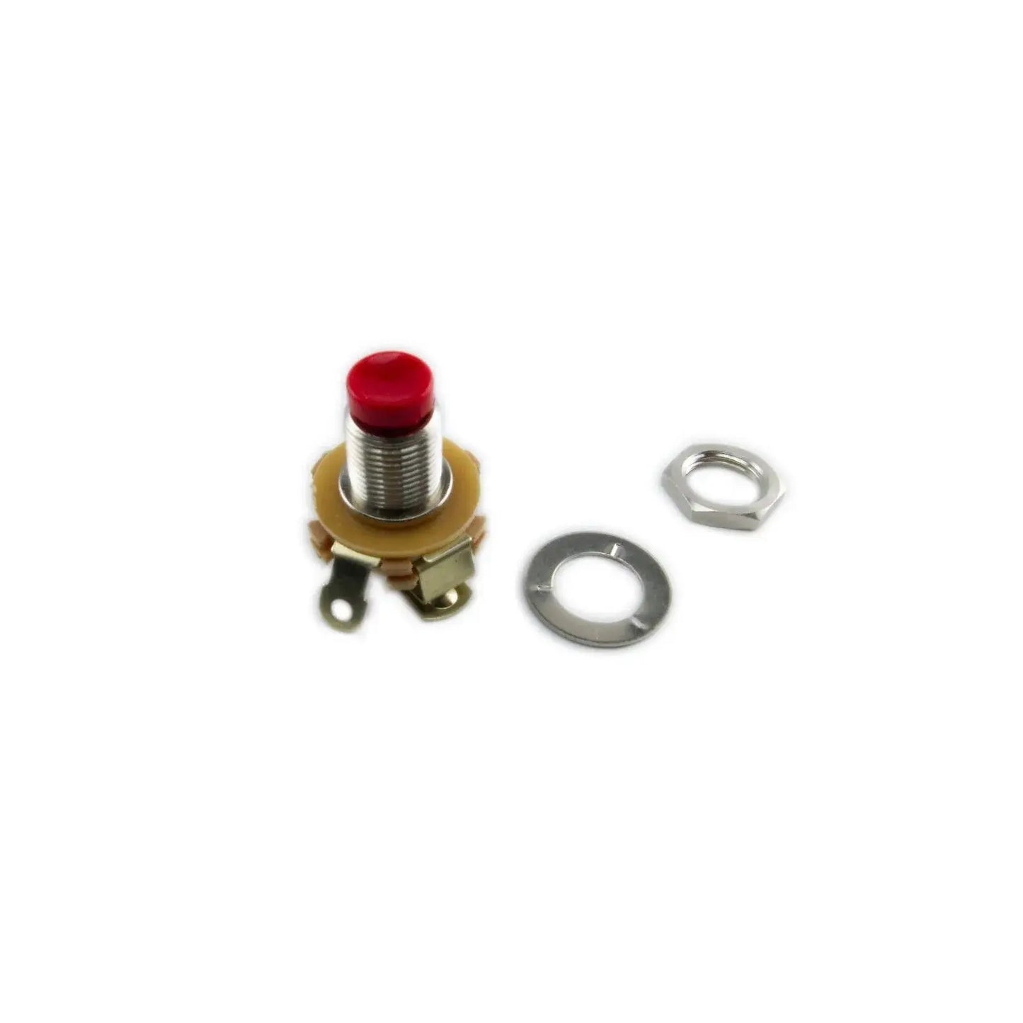 Guitar effects pedal momentary footswitch with red button and mounting hardware on white background