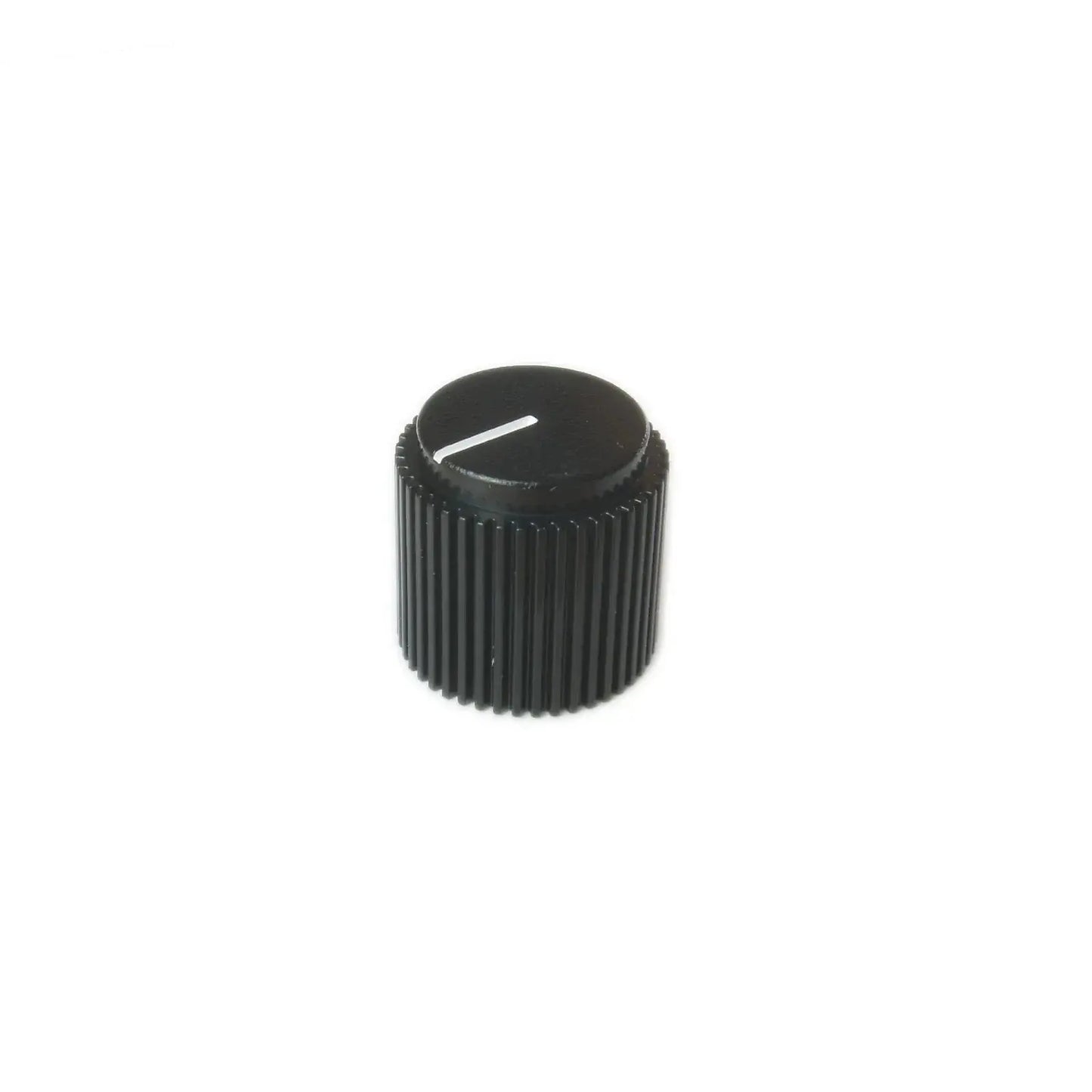 Black knurled guitar amp control knob on white background, premium guitar part