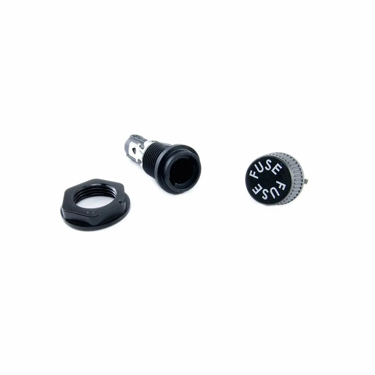 Black guitar amp fuse holder with nut and cap labeled FUSE, TGP-Guitars parts