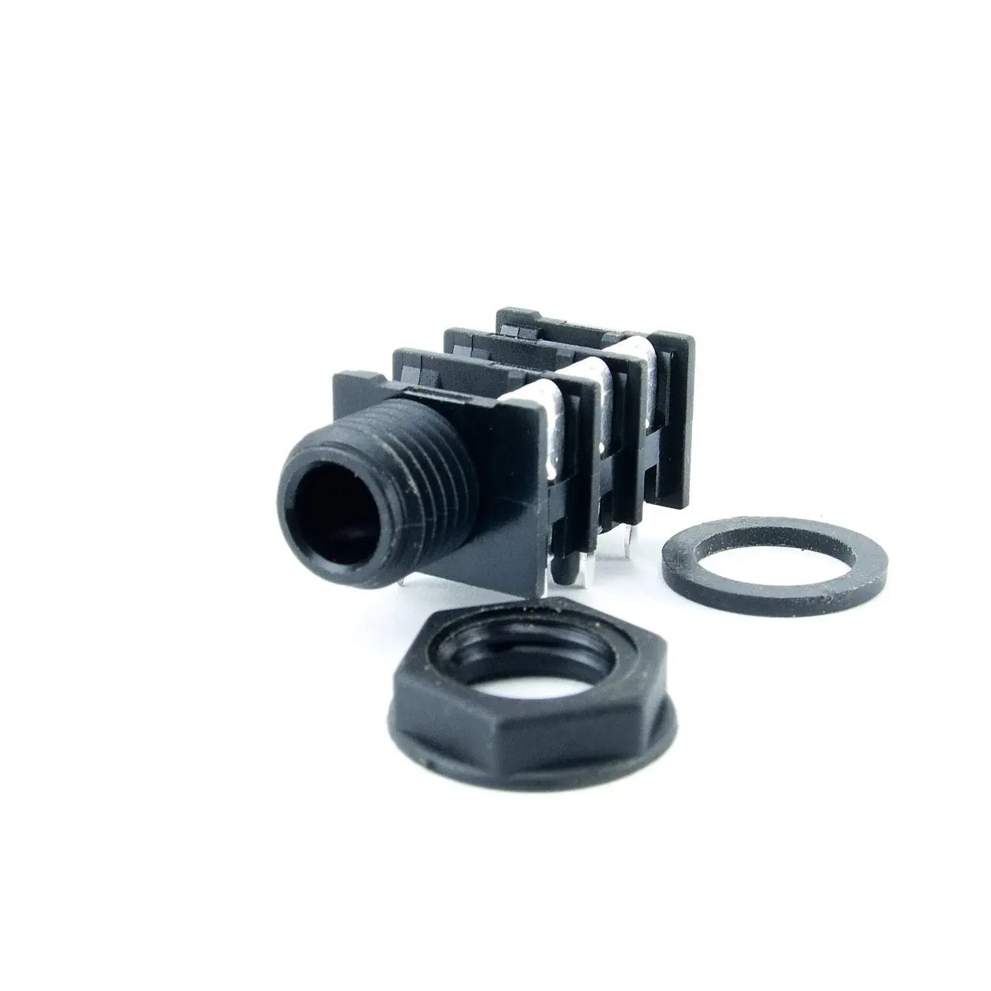 Black 1/4 inch guitar amp jack socket with nut and washer on white background
