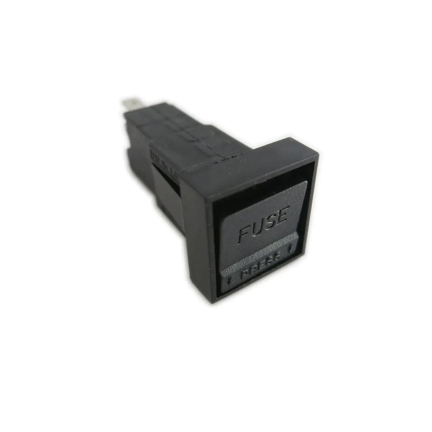 Black rectangular fuse holder part for guitar amps, displayed on white background